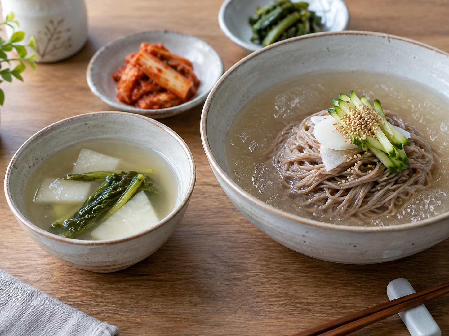 투명한 동치미 국물과 무, 메밀 냉면을 함께 구성한 편집 이미지
