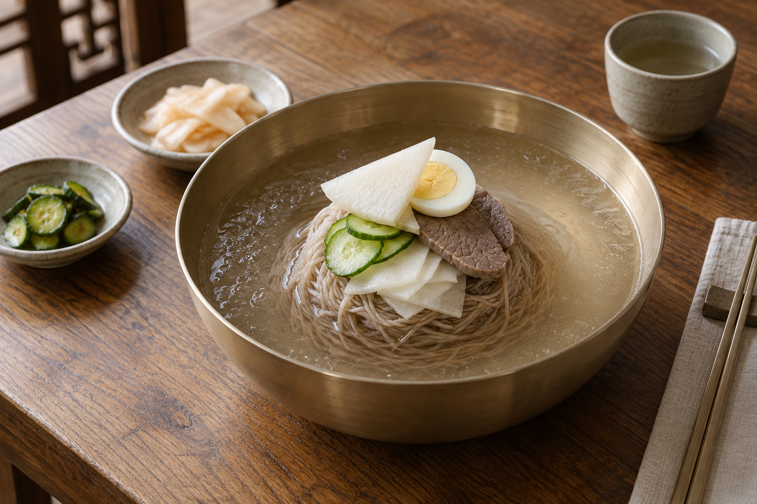 맑은 동치미 계열 육수에 메밀 면과 배, 오이, 무, 고기 고명을 올린 평양냉면 편집 이미지