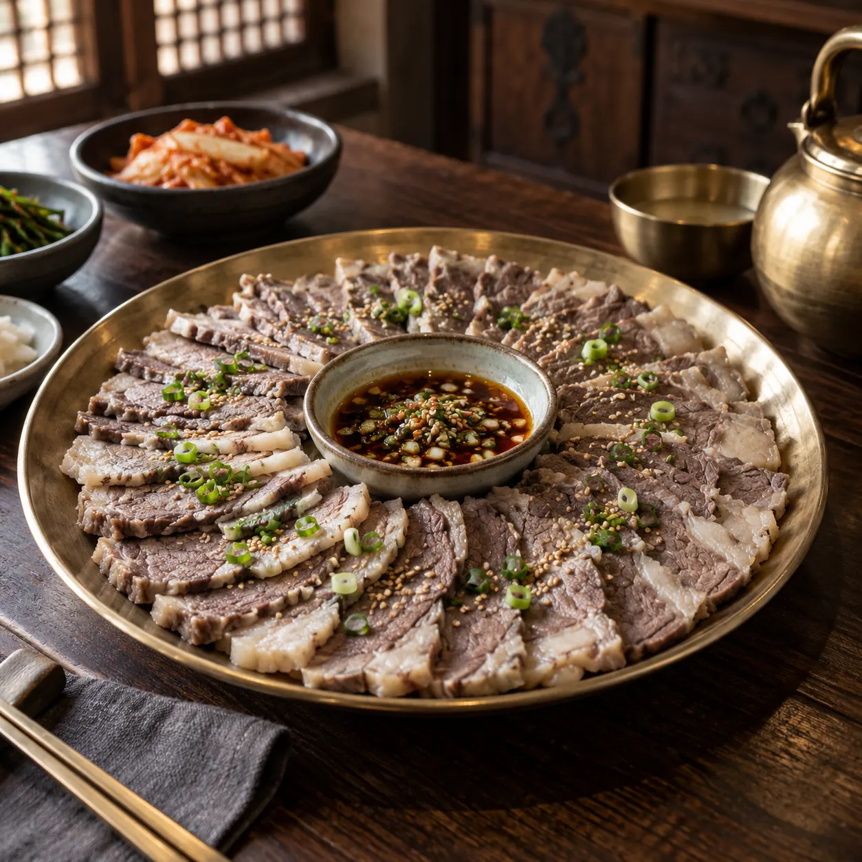 황동 접시에 가지런히 담은 쇠고기 수육