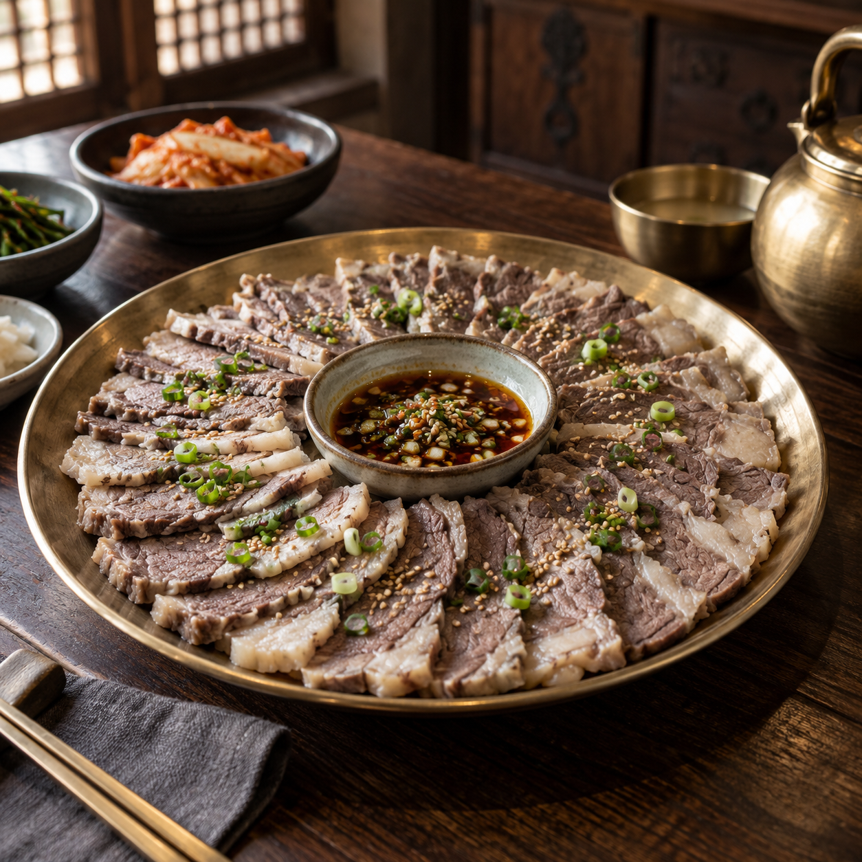 황동 접시에 가지런히 담은 소고기 수육